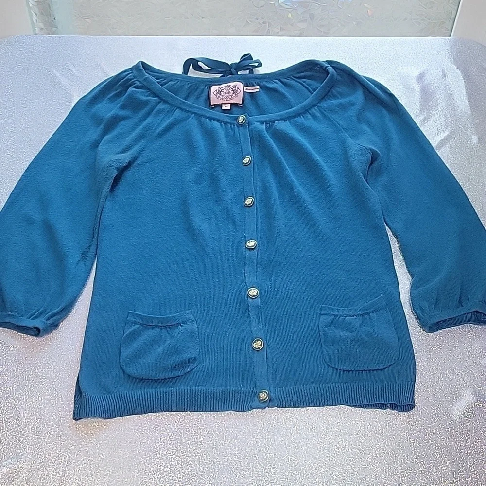 Y2k Vintage Juicy Couture Blue Cotton Button Up Cardigan Sweater SZ:M - Picture 5 of 11